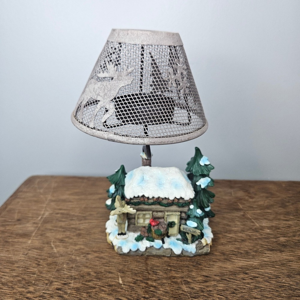 TrimMerry Treasures Winter Log Cabin Tealight Candle Holder Metal Mesh Shade 8in